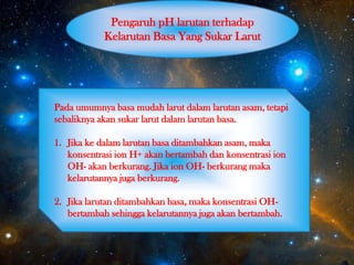 Pengaruh pH larutan terhadap
Kelarutan Basa Yang Sukar Larut
Pada umumnya basa mudah larut dalam larutan asam, tetapi
sebaliknya akan sukar larut dalam larutan basa.
1. Jika ke dalam larutan basa ditambahkan asam, maka
konsentrasi ion H+ akan bertambah dan konsentrasi ion
OH- akan berkurang. Jika ion OH- berkurang maka
kelarutannya juga berkurang.
2. Jika larutan ditambahkan basa, maka konsentrasi OH-
bertambah sehingga kelarutannya juga akan bertambah.
 