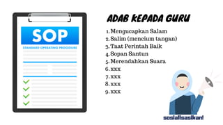 ADAB KEPADA GURU
Mengucapkan Salam
Salim (mencium tangan)
Taat Perintah Baik
Sopan Santun
Merendahkan Suara
xxx
xxx
xxx
xxx
1.
2.
3.
4.
5.
6.
7.
8.
9.
sosialisasikan!
 
