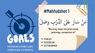 #Mahfudzhot 1
“Barang siapa berjalan pada
jalannya, sampailah ia”
FOKUS
DISIPLIN
ISTIKOMAH
DONGENG LOMBA LARI
KURA-KURA VS KANCIL
 