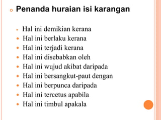 PenandahuraianisikaranganHal inidemikiankerana Hal iniberlakukerana Hal initerjadikerana Hal inidisebabkanoleh Hal iniwujudakibatdaripada Hal inibersangkut-pautdengan Hal iniberpuncadaripada Hal initercetusapabila Hal initimbulapakala
