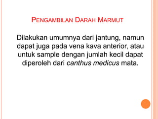 PENGAMBILAN DARAH MARMUT
Dilakukan umumnya dari jantung, namun
dapat juga pada vena kava anterior, atau
untuk sample dengan jumlah kecil dapat
diperoleh dari canthus medicus mata.
 
