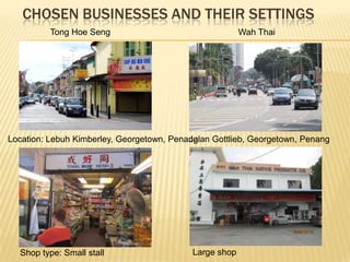 CHOSEN BUSINESSES AND THEIR SETTINGS
Tong Hoe Seng

Wah Thai

Location: Lebuh Kimberley, Georgetown, Penang
Jalan Gottlieb, Georgetown, Penang

Shop type: Small stall

Large shop

 