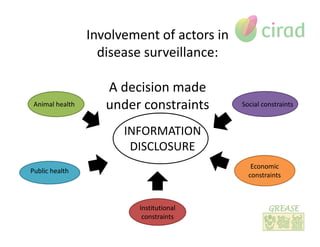 Involvement of actors in
disease surveillance:
A decision made
under constraints
INFORMATION
DISCLOSURE
Economic
constraints
Social constraintsAnimal health
Public health
Institutional
constraints
 