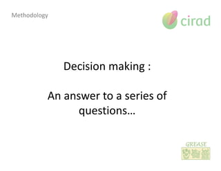 Decision making :
An answer to a series of
questions…
Methodology
 