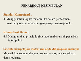 4. Menggunakan logika matematika dalam pemecahan
masalah yang berkaitan dengan pernyataan majemuk.

4.4 Menggunakan prinsip logika matematika untuk penarikan
kesimpulan.

Menarik kesimpulan dengan modus ponens, modus tollens,
dan silogisme.

 