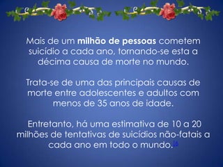 Mais de um milhão de pessoas cometem suicídio a cada ano, tornando-se esta a décima causa de morte no mundo. Trata-se de uma das principais causas de morte entre adolescentes e adultos com menos de 35 anos de idade.Entretanto, há uma estimativa de 10 a 20 milhões de tentativas de suicídios não-fatais a cada ano em todo o mundo.[6