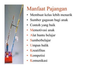 Manfaat Pajangan
• Membuat kelas lebih menarik
• Sumber gagasan bagi anak
• Contoh yang baik
• Memotivasi anak
• Alat bantu belajar
• Sumberbelajar
• Umpan balik
• Kreatifitas
• Kompetisi
• Komunikasi
 