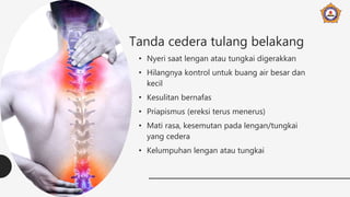 Tanda cedera tulang belakang
• Nyeri saat lengan atau tungkai digerakkan
• Hilangnya kontrol untuk buang air besar dan
kecil
• Kesulitan bernafas
• Priapismus (ereksi terus menerus)
• Mati rasa, kesemutan pada lengan/tungkai
yang cedera
• Kelumpuhan lengan atau tungkai
 
