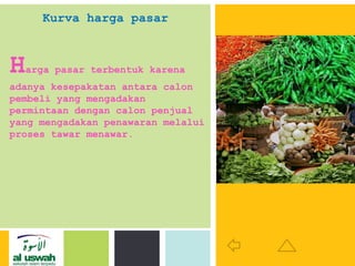 P: 555.123.4568 F: 555.123.4567
123 West Main Street, New York,
NY 10001
www.rightcare.com|
Kurva harga pasar
Harga pasar terbentuk karena
adanya kesepakatan antara calon
pembeli yang mengadakan
permintaan dengan calon penjual
yang mengadakan penawaran melalui
proses tawar menawar.
 