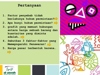 P: 555.123.4568 F: 555.123.4567
123 West Main Street, New York,
NY 10001
www.rightcare.com|
Pertanyaan
1. Factor penyebab tidak
berlakunya hukum permintaan?
2. Apa bunyi hukum permintaan?
3. grafik yang memuat hubungan
antara harga sebuah barang dan
kuantaitas yang diminta
adalah…
4. Sebutkan 3 faktor-faktor yang
Memepngaruhi Penawaran!
5. Harga pasar terbentuk karena…
 