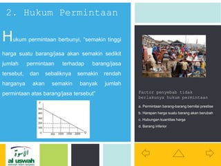 P: 555.123.4568 F: 555.123.4567
123 West Main Street, New York,
NY 10001
www.rightcare.com|
2. Hukum Permintaan
Factor penyebab tidak
berlakunya hukum permintaan
a. Permintaan barang-barang bernilai prestise
b. Harapan harga suatu barang akan berubah
c. Hubungan kuantitas harga
d. Barang inferior
Hukum permintaan berbunyi, “semakin tinggi
harga suatu barang/jasa akan semakin sedikit
jumlah permintaan terhadap barang/jasa
tersebut, dan sebaliknya semakin rendah
harganya akan semakin banyak jumlah
permintaan atas barang/jasa tersebut”
 