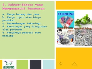 P: 555.123.4568 F: 555.123.4567
123 West Main Street, New York,
NY 10001
www.rightcare.com|
4. Faktor-faktor yang
Memepngaruhi Penawaran
a. Harga barang dan jasa.
b. Harga input atau biaya
produksi.
c. Perkembangan teknologi.
d. Keuntungan yang diinginkan
oleh produsen.
e. Banyaknya penjual atau
pesaing.
 