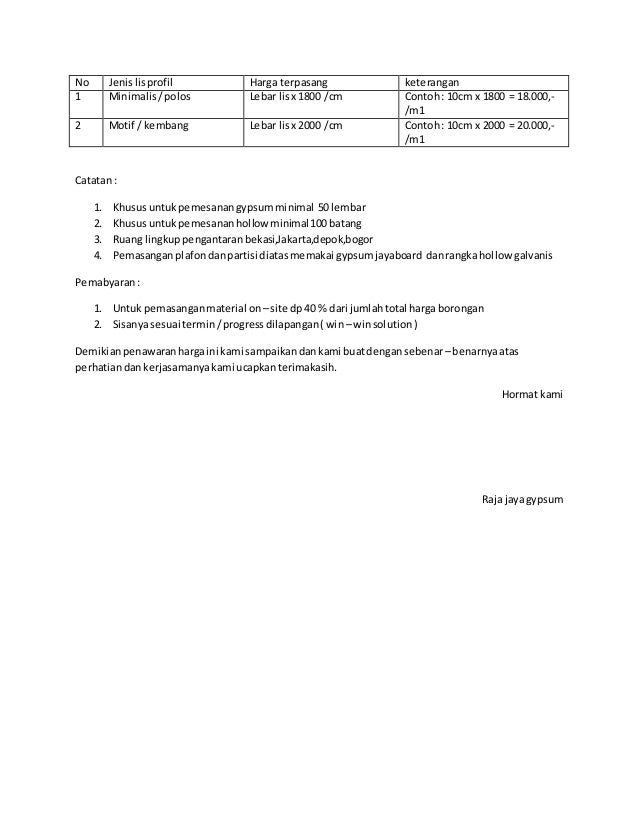 Penawaran Harga Pemasasngan Plafon Gypsum