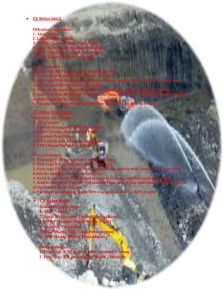  CV Kelas Kecil
Dokumen yang diurus:
1. Akta Notaris
2. Legalisir Pengadilan
3. NPWP (Nomor Pokok Wajib Pajak)
4. Surat Keterangan Domisili Perusahaan
5. SIUP (Surat Izin Usaha Perdagangan)
6. TDP (Tanda Daftar Perusahaan)
 Persyaratannya :
1. Foto copy KTP para pendiri, minimal 2 orang
2. Foto copy KK penanggung jawab / Direktur
3. Foto copy PBB terakhir tempat usaha/kantor, apabila milik sendiri, foto copy Surat
Kontrak, apabila status kantor kontrak
4. Surat Keterangan Domisili dari pengelola Gedung,apabila berada di Gedung
5. Kantor berada di Wilayah Perkantoran/Plaza, atau Ruko, atau tidak berada di wilayah
pemukiman khusus Jakarta
6. Pas photo penanggung jawab/ Direktur ukuran 3X4 = 2 lbr berwarna>
 CV Kelas Menengah
Dokumen yang diurus:
1. Akta Notaris
2. Surat Keterangan Domisili Perusahaan
3. NPWP (Nomor Pokok Wajib Pajak)
4. Legalisir Pengadilan
5. SIUP (Surat Izin Usaha Perdagangan)
6. TDP (Tanda Daftar Perusahaan)
Persyaratannya :
1. Foto copy KTP para pendiri, minimal 2 orang
2. Foto copy KK penanggung jawab / Direktur
3. Foto copy PBB terakhir tempat usaha/kantor, apabila milik sendiri, foto copy Surat
Kontrak, apabila status kantor kontrak
4. Surat Keterangan Domisili dari pengelola Gedung,apabila berada di Gedung
5. Kantor berada di Wilayah Perkantoran/Plaza, atau Ruko, atau tidak berada di wilayah
pemukiman khusus Jakarta
6. Pas photo penanggung jawab/ Direktur ukuran 3X4 = 2 lbr berwarna
 CV Kelas Besar
Dokumen yang diurus:
1. Akta Notaris
2. Surat Keterangan Domisili Perusahaan
3. NPWP (Nomor Pokok Wajib Pajak)
4. Legalisir Pengadilan
5. SIUP (Surat Izin Usaha Perdagangan)
6. TDP (Tanda Daftar Perusahaan)
Persyaratannya :
1. Foto copy KTP para pendiri, minimal 2 orang
2. Foto copy KK penanggung jawab / Direktur
 