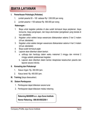 Company Profile Jaya Guna Institute Hal 4
I. Pemeriksaan Psikologis (Psikotes)
1. Jumlah peserta 50 – 100 sebesar Rp 1.300.000 per orang
2. Jumlah peserta > 100 sebesar Rp 900.000 per orang
Keterangan :
1. Biaya untuk kegiatan psikotes di atas sudah termasuk biaya perjalanan, biaya
konsumsi, biaya penginapan, dan biaya akomodasi (pengetesan yang berada di
luar Jabotabek).
2. Kegiatan untuk seleksi tanpa wawancara dilaksanakan selama 3 hari 2 malam
(di luar Jabotabek)
3. Kegiatan untuk seleksi dengan wawancara dilaksanakan selama 4 hari 3 malam
(di luar Jabotabek)
4. Biaya sudah termasuk pajak
5. Laporan akan diberikan dalam bentuk :
a. softcopy dan hardcopy dalam waktu maksimal 3 minggu dan minimal 2
minggu setelah pelaksanaan kegiatan.
b. Laporan akan diberikan dalam bentuk rekapitulasi keseluruhan peserta dan
laporan secara individu
II. Konseling dan Psikoterapi
1. Kasus ringan: Rp. 350.000 /jam.
2. Kasus berat: Rp. 400.000 /jam.
III. Training (biaya disesuaikan)
IV. Sistem Pembayaran
1. Pembayaran dapat dilakukan secara tunai
2. Pembayaran dapat dilakukan melalui rekening
Rekening MANDIRI a.n. Jaya Guna Institute
Nomor Rekening : 006-00-9503258-1
BIAYA LAYANAN
 
