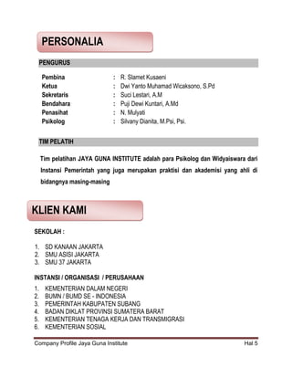 Company Profile Jaya Guna Institute Hal 5
PENGURUS
Pembina : R. Slamet Kusaeni
Ketua : Dwi Yanto Muhamad Wicaksono, S.Pd
Sekretaris : Suci Lestari, A.M
Bendahara : Puji Dewi Kuntari, A.Md
Penasihat : N. Mulyati
Psikolog : Silvany Dianita, M.Psi, Psi.
TIM PELATIH
Tim pelatihan JAYA GUNA INSTITUTE adalah para Psikolog dan Widyaiswara dari
Instansi Pemerintah yang juga merupakan praktisi dan akademisi yang ahli di
bidangnya masing-masing
SEKOLAH :
1. SD KANAAN JAKARTA
2. SMU ASISI JAKARTA
3. SMU 37 JAKARTA
INSTANSI / ORGANISASI / PERUSAHAAN
1. KEMENTERIAN DALAM NEGERI
2. BUMN / BUMD SE - INDONESIA
3. PEMERINTAH KABUPATEN SUBANG
4. BADAN DIKLAT PROVINSI SUMATERA BARAT
5. KEMENTERIAN TENAGA KERJA DAN TRANSMIGRASI
6. KEMENTERIAN SOSIAL
PERSONALIA
KLIEN KAMI
 