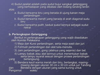 4) Sudut pesilat adalah pada sudut bujur sangkar gelanggang  yang berhadapan yang dibatasi oleh bidang tanding terdiri atas: a. Sudut berwarna biru yang berada di ujung kanan meja  pertandingan  b. Sudut berwarna merah yang berada di arah diagonal sudu  biru c. Sudut berwarna putih, kedua sudut lainnya sebagai sudut  netral b. Perlengkapan Gelanggang  Berikut ini perlengkapan gelanggang yang wajib disediakan  oleh Komite Pelaksana. 1) Meja dan Kursi pertandingan, serta meja easit dan juri  2) Formulir pertandingan dan alat tulis-menulis. 3) Jam pertandingan, gong (alatnya yang sejenis) dan bel. 4) Lampu babak atau alat lainnya untuk menentukan babak  serta lampu isyarat sesuai dengan proses pertandingan yang  berlangsung. 5) Bendera kecil warna merah dan biru, bertangkai, masing- masing dengan ukuran 30 cm x 30 cm untuk juri Tanding dan  Bendera dengan ukuran yang sama kuning untuk Pengamat  waktu  
