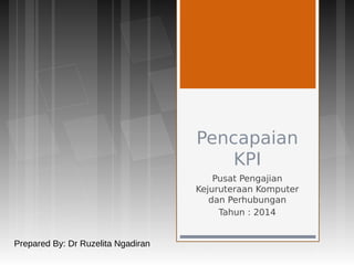 Pencapaian
KPI
Pusat Pengajian
Kejuruteraan Komputer
dan Perhubungan
Tahun : 2014
Prepared By: Dr Ruzelita Ngadiran
 