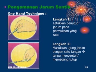 • Pengamanan Jarum Suntik
One Hand Technique :
Langkah 1:
Letakkan penutup
jarum pada
permukaan yang
rata
Langkah 2:
Masukkan ujung jarum
dengan satu tangan 
tanpa menyentuh/
memegang tutup
KDI COLLECTION 29
 