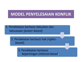 MODEL PENYELESAIAN KONFLIK
1. Pendekatan berbasis kekuatan dan
kekuasaan (power-based).
2. Pendekatan berbasis hak (rights-
based),
3. Pendekatan berbasis
kepentingan (interest-based)
 