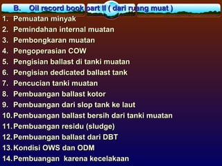 B. Oil record book part II ( dari ruang muat )B. Oil record book part II ( dari ruang muat )
1.1. Pemuatan minyakPemuatan minyak
2.2. Pemindahan internal muatanPemindahan internal muatan
3.3. Pembongkaran muatanPembongkaran muatan
4.4. Pengoperasian COWPengoperasian COW
5.5. Pengisian ballast di tanki muatanPengisian ballast di tanki muatan
6.6. Pengisian dedicated ballast tankPengisian dedicated ballast tank
7.7. Pencucian tanki muatanPencucian tanki muatan
8.8. Pembuangan ballast kotorPembuangan ballast kotor
9.9. Pembuangan dari slop tank ke lautPembuangan dari slop tank ke laut
10.10. Pembuangan ballast bersih dari tanki muatanPembuangan ballast bersih dari tanki muatan
11.11. Pembuangan residu (sludge)Pembuangan residu (sludge)
12.12. Pembuangan ballast dari DBTPembuangan ballast dari DBT
13.13. Kondisi OWS dan ODMKondisi OWS dan ODM
14.14. Pembuangan karena kecelakaanPembuangan karena kecelakaan
 