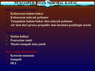 PENGOPERASIAN NORMAL KAPAL
Dari ruang pemesinan :
1. Kebocoran bahan bakar
2. Kebocoran minyak pelumas
3. Tumpahan bahan bakar dan minyak pelumas
4. Air laut dari proses propeller dan instalasi pendingin mesin
Dari ruang muat :
1. Sistim ballast
2. Pencucian tanki
3. Muatn tumpah atau jatuh
Dari ruang akomodasi :
1. Kotoran manusia
2. Sampah
3. DLL
 