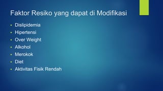 Faktor Resiko yang dapat di Modifikasi
 Dislipidemia
 Hipertensi
 Over Weight
 Alkohol
 Merokok
 Diet
 Aktivitas Fisik Rendah
 