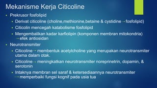 Mekanisme Kerja Citicoline
 Prekrusor fosfolipid
 Derivat citicoline (choline,methionine,betaine & cystidine fosfolipid)
 Citicolin mencegah katabolisme fosfolipid
 Mengembalikan kadar karfiolipin (komponen membran mitokondria)
efek antiosidan
 Neurotransmiter
 Citicoline membentuk acetylcholine yang merupakan neurotransmiter
utama dalam otak.
 Citicoline meningkatkan neurotransmiter noreprinetrin, dopamin, &
serotonin
 Intaknya membran sel saraf & ketersediaannya neurotransmiter
memperbaiki fungsi kognif pada usia tua
 