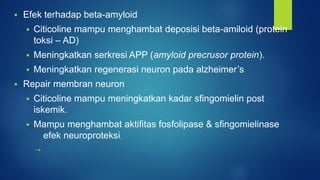  Efek terhadap beta-amyloid
 Citicoline mampu menghambat deposisi beta-amiloid (protein
toksi – AD)
 Meningkatkan serkresi APP (amyloid precrusor protein).
 Meningkatkan regenerasi neuron pada alzheimer’s
 Repair membran neuron
 Citicoline mampu meningkatkan kadar sfingomielin post
iskemik.
 Mampu menghambat aktifitas fosfolipase & sfingomielinase
efek neuroproteksi.
 