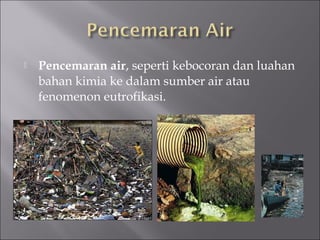    Pencemaran air, seperti kebocoran dan luahan
    bahan kimia ke dalam sumber air atau
    fenomenon eutrofikasi.
 