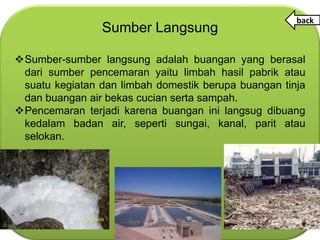 back
                Sumber Langsung

Sumber-sumber langsung adalah buangan yang berasal
 dari sumber pencemaran yaitu limbah hasil pabrik atau
 suatu kegiatan dan limbah domestik berupa buangan tinja
 dan buangan air bekas cucian serta sampah.
Pencemaran terjadi karena buangan ini langsug dibuang
 kedalam badan air, seperti sungai, kanal, parit atau
 selokan.
 