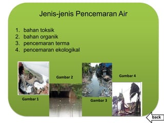Jenis-jenis Pencemaran Air

1.   bahan toksik
2.   bahan organik
3.   pencemaran terma
4.   pencemaran ekologikal



                     Gambar 2              Gambar 4




     Gambar 1                   Gambar 3



                                                      back
 