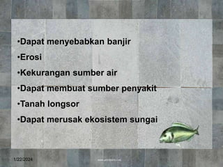 1/22/2024 13
•Dapat menyebabkan banjir
•Erosi
•Kekurangan sumber air
•Dapat membuat sumber penyakit
•Tanah longsor
•Dapat merusak ekosistem sungai
 