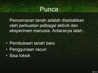 Pencemaran AirAir merupakansalahsatukeperluanasasmanusia. Namun, air semakinharisemakintercemar. Pencemaraninidikaitkandenganlarutanpelbagaibahankimiatoksikdanbahanbuangan. Pelarut-pelarutinisenangmencemarkan air dansumber air kita. Kini, banyakpunca air kitatercemarsehinggadidapatibahawajikatiadasebaranglangkahdiambiliamungkinmemudaratkankehidupanmanusia.