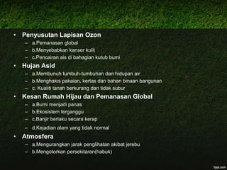 PendidikanPendidikanalamsekitarmuladiperkenalkansecara formal padaperingkatrendahmelaluiKurikulumbersepadusekolahrendah KBSR dalammatapelajaranalamdanmanusia.Melaluipendidikanmemberikesedaransertamembentuksikappositifterhadapalamsekiarterutamanyadariperingkatrendahlagi.Melaluipendidikanmerekadapatmengetahuipencemaralamdarisegikesan-kesan negative terhadapalamsekitardanmanusia..Masyarakatjugamengetahuimengenaialamsekitarmelaluipenyiaran media sertakempenTanggungjawabbersama   Kerajaanpatutlahmemainkanperanansepertimengetatundang-undanguntukmelindungialamsekitar.Rondaanolehpegawaialamsekitarperludiperbanyakkan. Pengusahakilangharuslahmendapatkannasihatmengenaialamsekitarsebelummemulakanoperasi.Selainitu,penggunaperlumementaupersekitaransekiranyaterdapatpihaktidakbertanggungjawabterhadapalamsekitarperlusegeramembuataduan agar pencemaranbunyidiatasi.