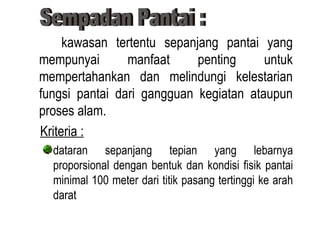 kawasan tertentu sepanjang pantai yang mempunyai manfaat penting untuk mempertahankan dan melindungi kelestarian fungsi pantai dari gangguan kegiatan ataupun proses alam.  Kriteria : dataran sepanjang tepian yang lebarnya proporsional dengan bentuk dan kondisi fisik pantai minimal 100 meter dari titik pasang tertinggi ke arah darat Sempadan Pantai : 
