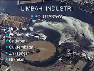 LLIIMMBBAAHH IINNDDUUSSTTRRII 
 PPOOLLUUTTAANNNNYYAA 
 HHgg ((mmeerrkkuurrii)) 
 PPbb ((ttiimmbbaall)) 
 CCrr ((kkrroomm)) 
 CCuu ((tteemmbbaaggaa)) 
 ZZnn ((sseenngg)) 
 NNii ((nniikkeell)) 
 