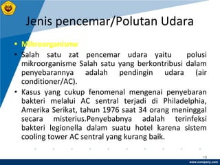 www.company.com
Jenis pencemar/Polutan Udara
19
• Mikroorganisme
• Salah satu zat pencemar udara yaitu polusi
mikroorganisme Salah satu yang berkontribusi dalam
penyebarannya adalah pendingin udara (air
conditioner/AC).
• Kasus yang cukup fenomenal mengenai penyebaran
bakteri melalui AC sentral terjadi di Philadelphia,
Amerika Serikat, tahun 1976 saat 34 orang meninggal
secara misterius.Penyebabnya adalah terinfeksi
bakteri legionella dalam suatu hotel karena sistem
cooling tower AC sentral yang kurang baik.
 