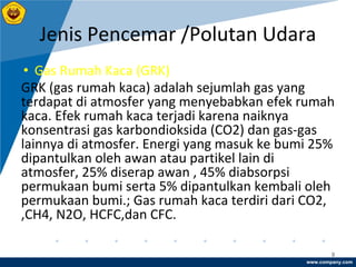 www.company.com
Jenis Pencemar /Polutan Udara
9
• Gas Rumah Kaca (GRK)
GRK (gas rumah kaca) adalah sejumlah gas yang
terdapat di atmosfer yang menyebabkan efek rumah
kaca. Efek rumah kaca terjadi karena naiknya
konsentrasi gas karbondioksida (CO2) dan gas-gas
lainnya di atmosfer. Energi yang masuk ke bumi 25%
dipantulkan oleh awan atau partikel lain di
atmosfer, 25% diserap awan , 45% diabsorpsi
permukaan bumi serta 5% dipantulkan kembali oleh
permukaan bumi.; Gas rumah kaca terdiri dari CO2,
,CH4, N2O, HCFC,dan CFC.
 