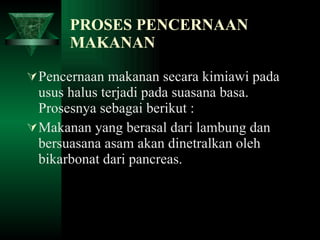 PROSES PENCERNAAN MAKANAN Pencernaan makanan secara kimiawi pada usus halus terjadi pada suasana basa. Prosesnya sebagai berikut : Makanan yang berasal dari lambung dan bersuasana asam akan dinetralkan oleh bikarbonat dari pancreas.  