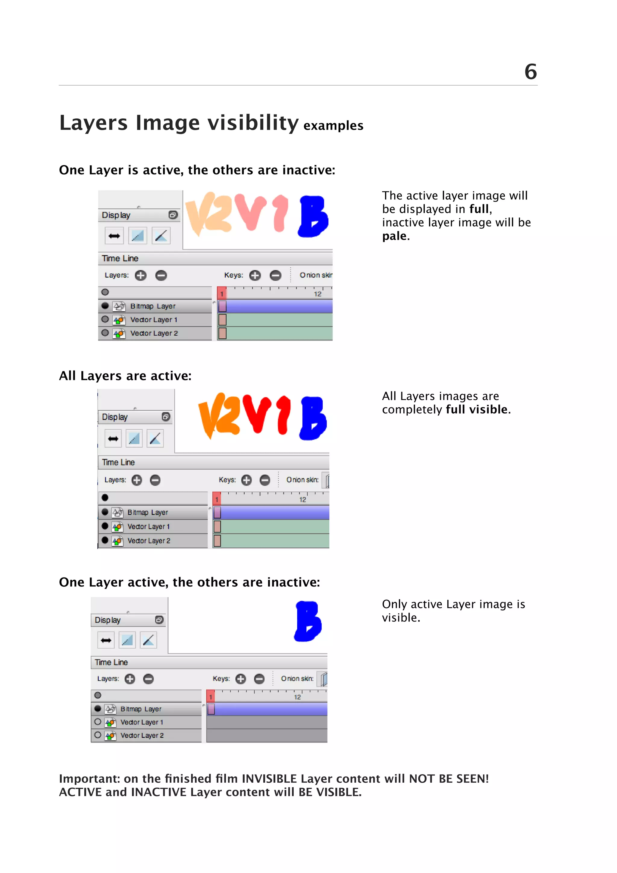 6

Layers Image visibility examples

One Layer is active, the others are inactive:

                                                      The active layer image will
                                                      be displayed in full,
                                                      inactive layer image will be
                                                      pale.




All Layers are active:
                                                      All Layers images are
                                                      completely full visible.




One Layer active, the others are inactive:
                                                      Only active Layer image is
                                                      visible.




Important: on the finished film INVISIBLE Layer content will NOT BE SEEN!
ACTIVE and INACTIVE Layer content will BE VISIBLE.
 