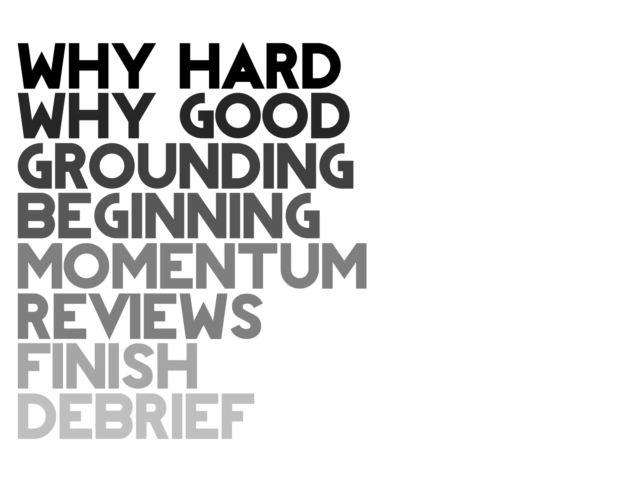why hard
why good
grounding
BEGINNING
momentum
reviews
finish
debrief
 
