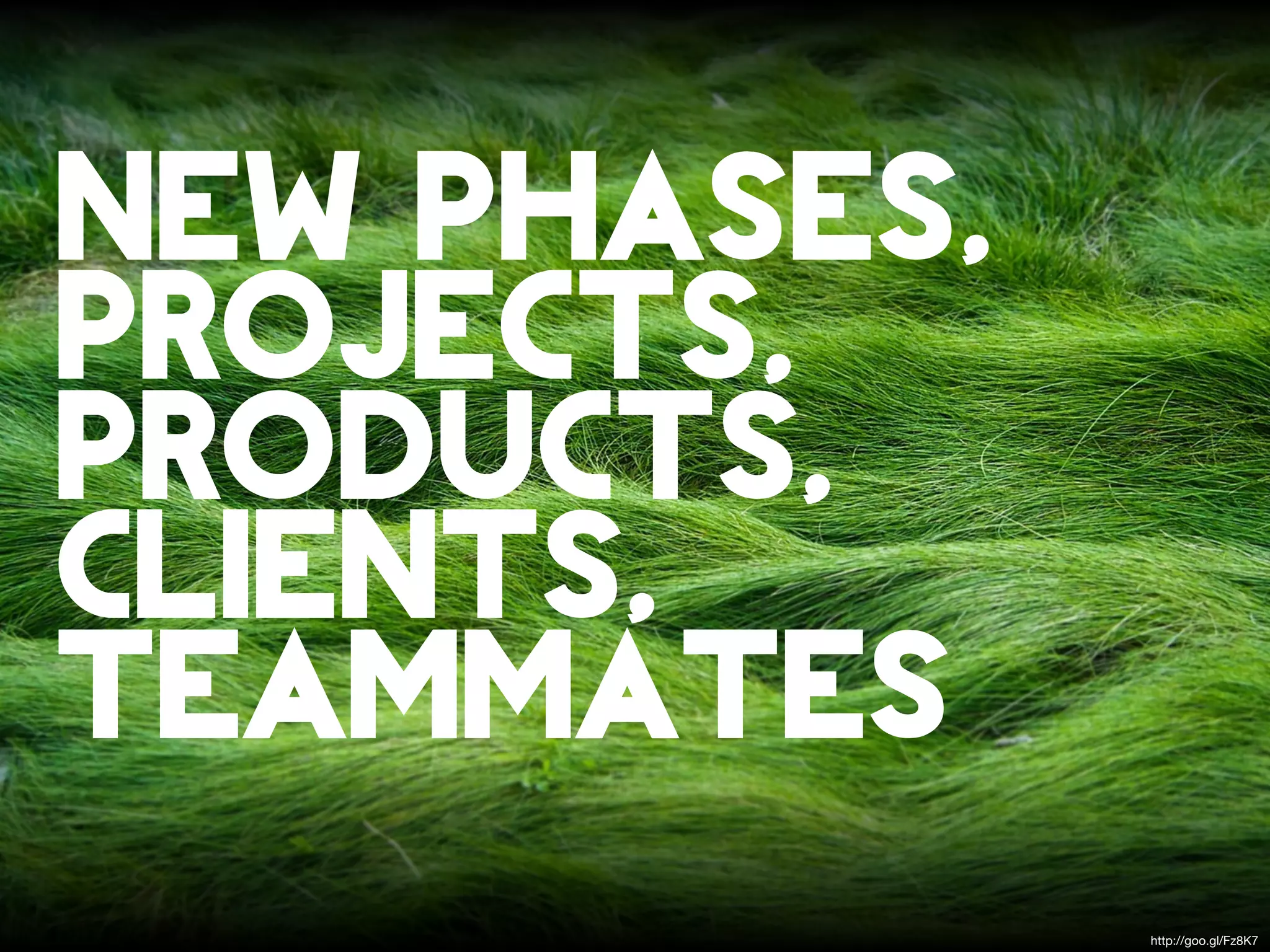 new phases,
projects,
products,
clients,
teammates
              http://goo.gl/Fz8K7
 