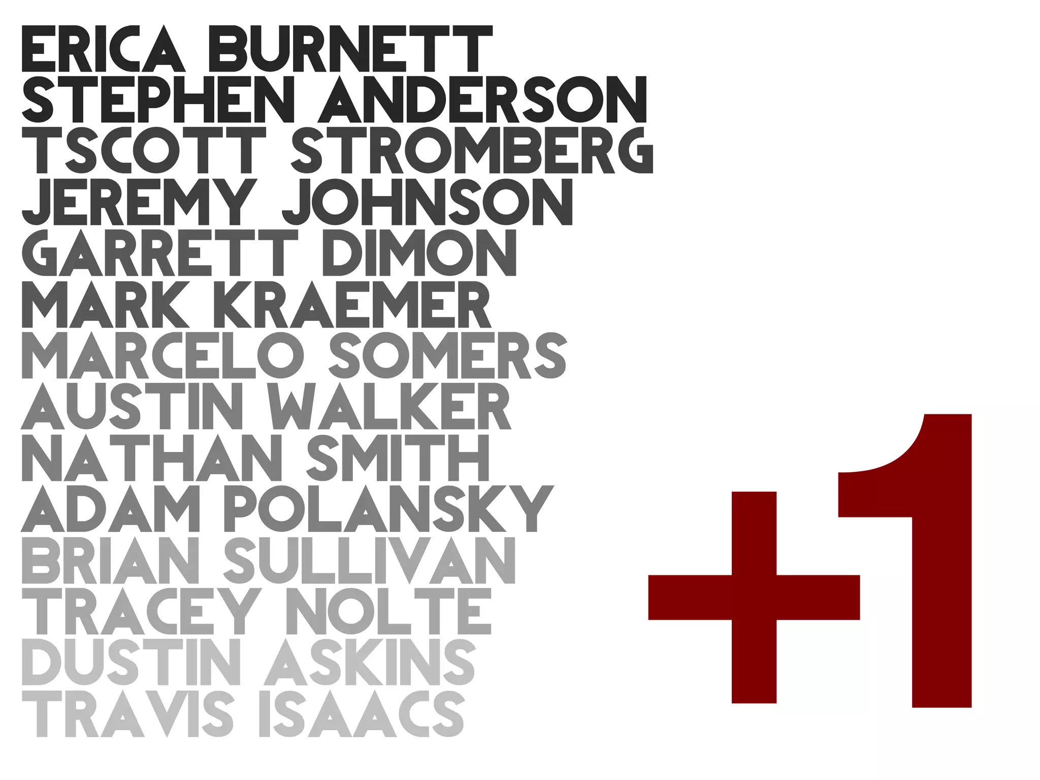 ERICA BURNETT
STEPHEN ANDERSON
TSCOTT STROMBERG
JEREMY JOHNSON
GARRETT DIMON
MARK KRAEMER




               +1
Marcelo Somers
Austin Walker



                	

nathan smith
adam polansky
brian sullivan
tracey nolte
dustin askins      	

travis isaacs
 