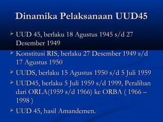 Dinamika Pelaksanaan UUD45Dinamika Pelaksanaan UUD45
 UUD 45, berlaku 18 Agustus 1945 s/d 27UUD 45, berlaku 18 Agustus 1945 s/d 27
Desember 1949Desember 1949
 Konstitusi RIS, berlaku 27 Desember 1949 s/dKonstitusi RIS, berlaku 27 Desember 1949 s/d
17 Agustus 195017 Agustus 1950
 UUDS, berlaku 15 Agustus 1950 s/d 5 Juli 1959UUDS, berlaku 15 Agustus 1950 s/d 5 Juli 1959
 UUD45, berlaku 5 Juli 1959 s/d 1999, PeralihanUUD45, berlaku 5 Juli 1959 s/d 1999, Peralihan
dari ORLA(1959 s/d 1966) ke ORBA ( 1966 –dari ORLA(1959 s/d 1966) ke ORBA ( 1966 –
1998 )1998 )
 UUD 45, hasil Amandemen.UUD 45, hasil Amandemen.
 