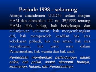 Periode 1998 - sekarangPeriode 1998 - sekarang
Adanya amandemen UUD45 terkait denganAdanya amandemen UUD45 terkait dengan
HAM dan ditetapkan UU no. 39/1999 tentangHAM dan ditetapkan UU no. 39/1999 tentang
HAM.( Hak hidup, hak berkeluarga danHAM.( Hak hidup, hak berkeluarga dan
melanjutkan keturunan, hak mengembangkanmelanjutkan keturunan, hak mengembangkan
diri, hak memperoleh keadilan hak atasdiri, hak memperoleh keadilan hak atas
kebebasan pribadi, hak rasa aman, hak ataskebebasan pribadi, hak rasa aman, hak atas
kesejahtraan, hak turut serta dalamkesejahtraan, hak turut serta dalam
Pemerintahan, hak wanita dan hak anakPemerintahan, hak wanita dan hak anak
Pemerintah memberikan perlindungan dalamPemerintah memberikan perlindungan dalam
asfek; hak politik, sosial, ekonomi, budaya,asfek; hak politik, sosial, ekonomi, budaya,
keamanan, hukum, dan Pemerintahan.keamanan, hukum, dan Pemerintahan.
 