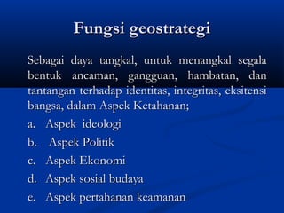 Fungsi geostrategiFungsi geostrategi
Sebagai daya tangkal, untuk menangkal segalaSebagai daya tangkal, untuk menangkal segala
bentuk ancaman, gangguan, hambatan, danbentuk ancaman, gangguan, hambatan, dan
tantangan terhadap identitas, integritas, eksitensitantangan terhadap identitas, integritas, eksitensi
bangsa, dalam Aspek Ketahanan;bangsa, dalam Aspek Ketahanan;
a.a. Aspek ideologiAspek ideologi
b.b. Aspek PolitikAspek Politik
c.c. Aspek EkonomiAspek Ekonomi
d.d. Aspek sosial budayaAspek sosial budaya
e.e. Aspek pertahanan keamananAspek pertahanan keamanan
 