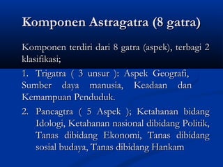 Komponen Astragatra (8 gatra)Komponen Astragatra (8 gatra)
Komponen terdiri dari 8 gatra (aspek), terbagi 2Komponen terdiri dari 8 gatra (aspek), terbagi 2
klasifikasi;klasifikasi;
1.1. Trigatra ( 3 unsur ): Aspek Geografi,Trigatra ( 3 unsur ): Aspek Geografi,
Sumber daya manusia, Keadaan danSumber daya manusia, Keadaan dan
Kemampuan Penduduk.Kemampuan Penduduk.
2.2. Pancagtra ( 5 Aspek ); Ketahanan bidangPancagtra ( 5 Aspek ); Ketahanan bidang
Idologi, Ketahanan nasional dibidang Politik,Idologi, Ketahanan nasional dibidang Politik,
Tanas dibidang Ekonomi, Tanas dibidangTanas dibidang Ekonomi, Tanas dibidang
sosial budaya, Tanas dibidang Hankamsosial budaya, Tanas dibidang Hankam
 