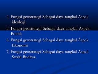 4. Fungsi geostrategi Sebagai daya tangkal Aspek4. Fungsi geostrategi Sebagai daya tangkal Aspek
ideologiideologi
5. Fungsi geostrategi Sebagai daya tangkal Aspek5. Fungsi geostrategi Sebagai daya tangkal Aspek
PolitikPolitik
6. Fungsi geostrategi Sebagai daya tangkal Aspek6. Fungsi geostrategi Sebagai daya tangkal Aspek
EkonomiEkonomi
7. Fungsi geostrategi Sebagai daya tangkal Aspek7. Fungsi geostrategi Sebagai daya tangkal Aspek
Sosial Budaya.Sosial Budaya.
 