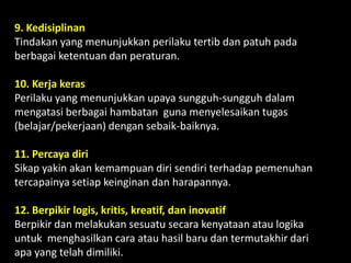 9. Kedisiplinan
Tindakan yang menunjukkan perilaku tertib dan patuh pada
berbagai ketentuan dan peraturan.
10. Kerja keras
Perilaku yang menunjukkan upaya sungguh-sungguh dalam
mengatasi berbagai hambatan guna menyelesaikan tugas
(belajar/pekerjaan) dengan sebaik-baiknya.
11. Percaya diri
Sikap yakin akan kemampuan diri sendiri terhadap pemenuhan
tercapainya setiap keinginan dan harapannya.
12. Berpikir logis, kritis, kreatif, dan inovatif
Berpikir dan melakukan sesuatu secara kenyataan atau logika
untuk menghasilkan cara atau hasil baru dan termutakhir dari
apa yang telah dimiliki.
 
